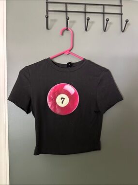 SHEIN Black Crop Top with Pink 7-Ball Graphic